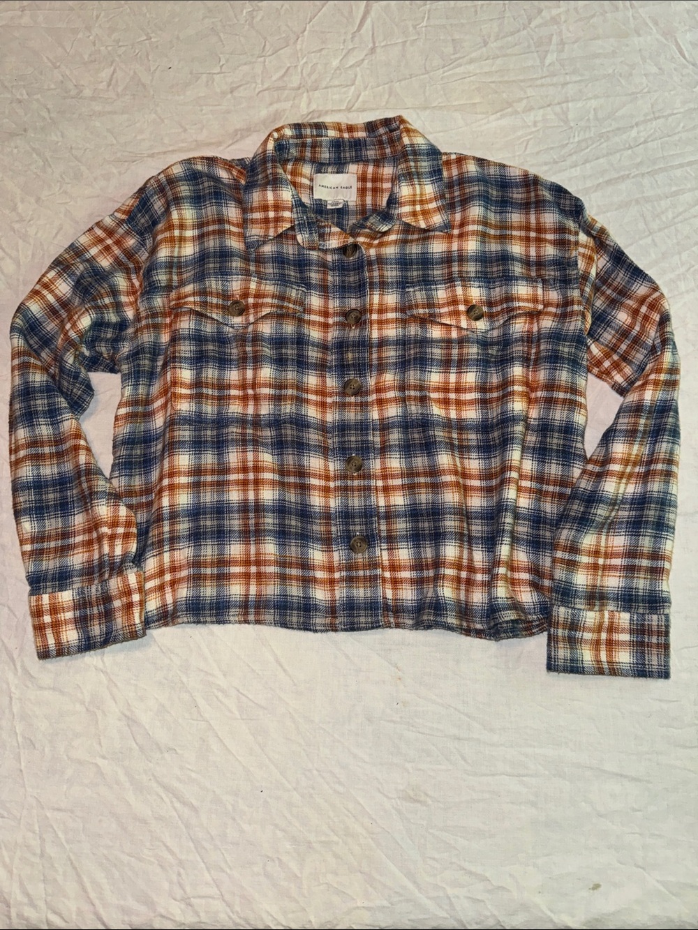 American Eagle Cropped Plaid Flannel Shirt Jacket Brown Blue Small
